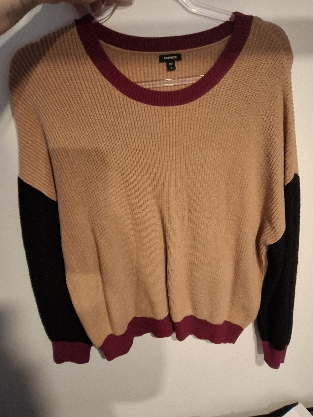 Express Crewneck Sweater in Tan, Black & Burgundy